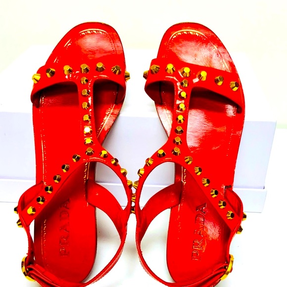 Prada Shoes - Prada red leather gold studded flat sandals 37.5